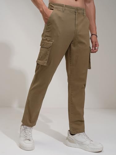 Image of Highlander Men's High-Rise Straight-Fit Cargo Trousers | Utility Pockets | Fashion & Function Blend | Carpenter Fit | Men Trousers | Trousers for Man |Cargo Pants for Men