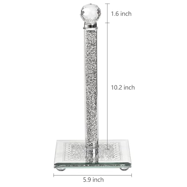 Suwimut Paper Towel Holder Countertop, Silver Paper Towel Roll Dispenser Stand Weighted Base Non Slip Filled with Sparkly Crystal Crushed Diamond for Home Kitchen Bathroom Tabletop
