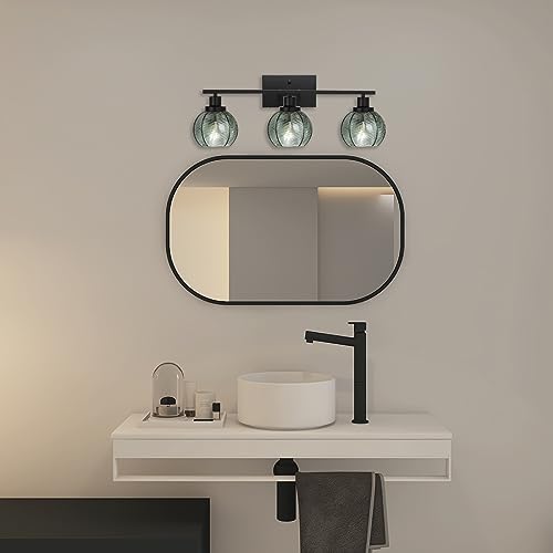 Image of 3-Light Bathroom Light Fixture Green Wall Lights with Ribbed Glass Shade Black Vanity Light Over Mirror Mid Century Wall Sconce for Bedside Bedroom Living Room