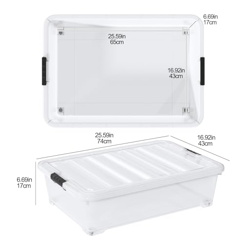 Image of 50 L Large 3 Packs Clear Plastic Under Bed Storage Container with Lid and Wheels, Under the bed Boxes