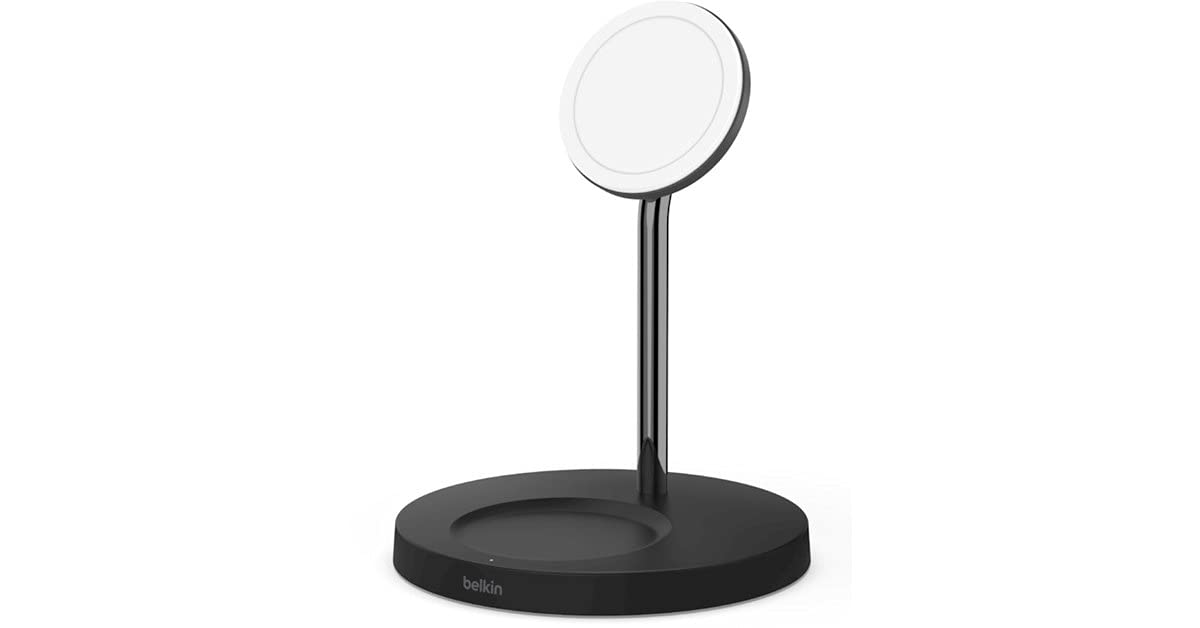 Belkin Cargador Inalámbrico 2 en 1 con MagSafe (Carga Rápida de 15 W, Soporte de Carga para la Serie iPhone 14, 13, AirPods y Otros Dispositivos con MagSafe, Adaptador de Corriente Incluido), Negro