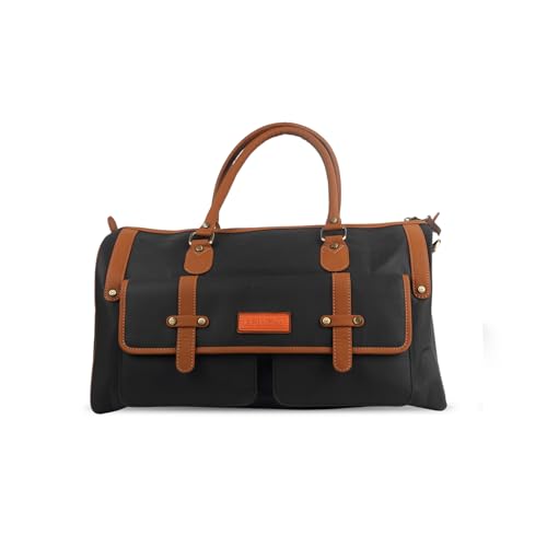 Image of Black & Brown PU Leather Duffle Bag | 37L Large Travel Duffel | Zipper Closure | Hand Carry & Sling Bag | Weekend Gym Travel Bag for Men & Women