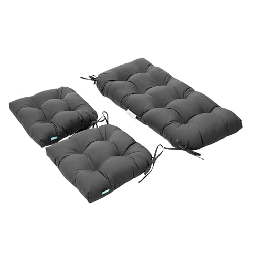 Image of QILLOWAY Outdoor Patio Cushions Set of 3, Wicker Furniture Cushions with Ties, Waterproof Loveseat & Seat Cushions for Patio Bench, Porch Chair, Outdoor Replacement Cushions, Dark Grey