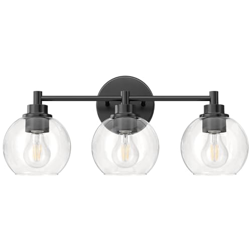 VONLUCE Bathroom Light Fixtures, 3-Light Vanity Light with Globe Glass Shades E26 Sockets, Bathroom Lights Over Mirror for Bedroom Hallway Living Room, Black Finish