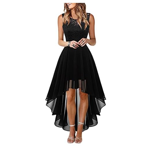 Onsoyours Robe de Cocktail Femme Longue Robes Soirée en Dentelle Mousseline de Soie Robes Chic Elégant sans Manches Sexy Robe Asymétrique B Noir XL