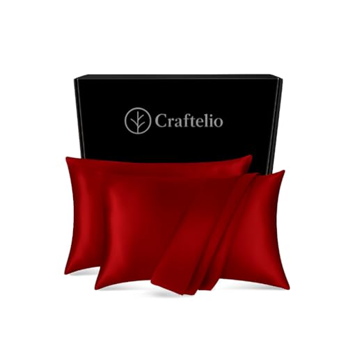 Image of Satin Pillow Covers Set of 2 with 3 Free Random Color Scrunchies - Luxurious, Soft & Smooth Cushion Cases for Skin and Hair Care (Red)
