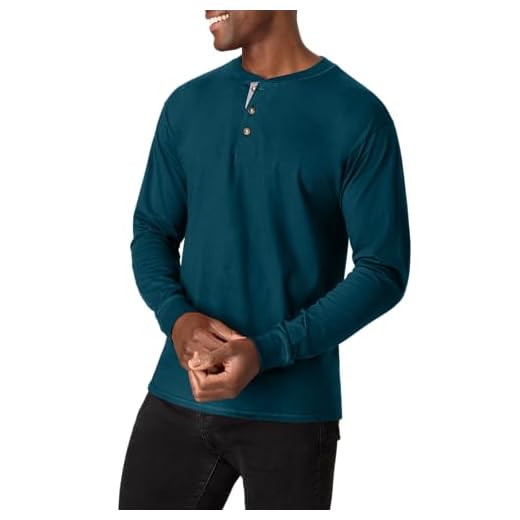 Hanes Men's Long-Sleeve Beefy Henley T-Shirt - Large - Petro Teal
