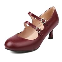 Lizoleor Tacco Gattino Two Strap Punta Rotonda Donna Scarpe Tacco Medio Fibbia Casuale Engagement Estate Mary Jane Vino Rosso Numero 40 EU/41Cn