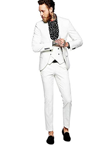 HOTK Hombre Blanco Un botón 3 Piezas Chal Solapa Slim Fit Novio Esmoquin Trajes de Negocios Cover