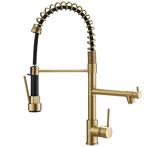 Image of Brushed Gold Kitchen Faucet with Pull Down Sprayer, AIMADI Commercial Gold Kitchen Sink Faucet Single Handle Spring Two Nozzles Faucets