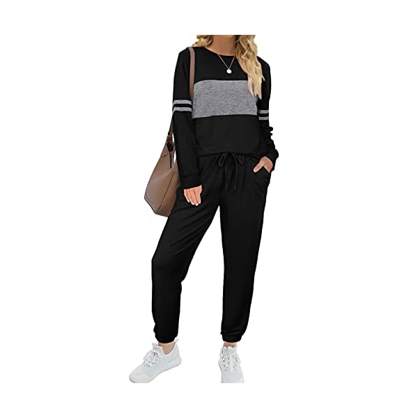Womens Fall Winter Two Piece Outfit Sets Trendy Strips Black Casual Long Sportswear Set M