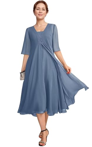 2 Pieces Mother of The Bride Dresses for Wedding Square Neck Chiffon Ruffle Formal Wedding Guest Dresses