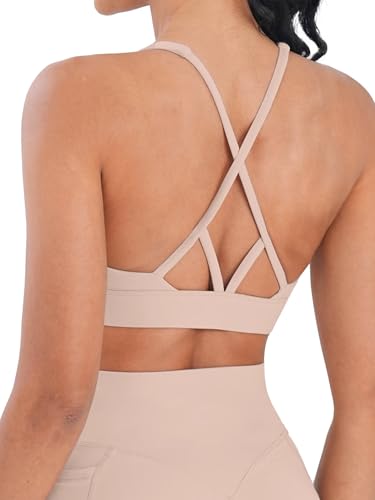 Sunzel V Neck Strappy Sports Bras for Women Criss Cross Back Halter Yoga Bra Removable Cups Padded Workout Running Gym Tops Beige