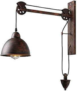 E-dison Vintage Industrial Wall Lamp, Antique Retractable Pulley Sconce with Metal Dome Shade & Wooden Base for Cafe, Club, Bar - Black Wall Light Fixture