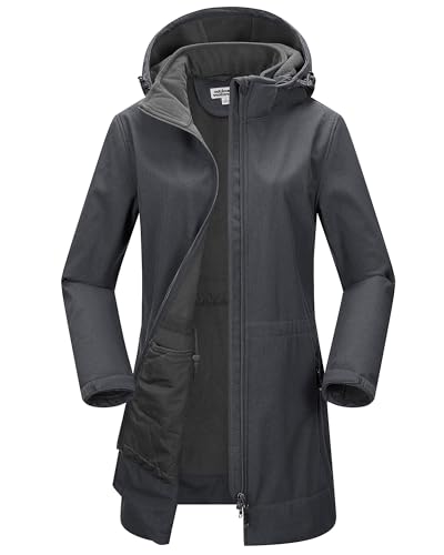 Outdoor Ventures Damen Softshell Lange Jacke mit Kapuze Fleece gefütterte Winddichte Jacke für Frauen Wasserdichte Windjacke Outdoor Ventures Damen Softshell Lange Jacke mit Kapuze Fleece gefütterte Winddichte Jacke für Frauen Wasserdichte Windjacke