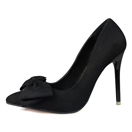 JiangWei Shu Women's Suede Bow Knot High Heel Elegant Pointed Toe Pumps Shoes Heeled Stilettos