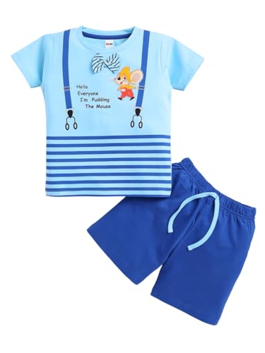 Image of LITTLE NINJA Pure Cotton Knee Length Half Sleeve Kitty Cat Printed Tee & Shorts Set - Sky 0-6M