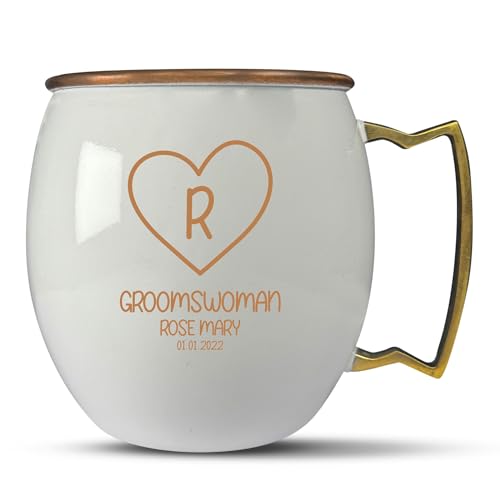 Custom 100% Copper Moscow Mule with Smooth Painted Finish - Engraved Bar Style Cup with Groomswomen Monogram Heart Wedding ThemedTheme Engraving, Brass Handle | 18 oz, White