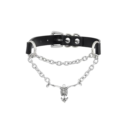 Gothic Skull Choker Necklace For Women, Halloween Skeleton Pendant Slip Chain Necklace with Adjustable Vegan Leather Buckle