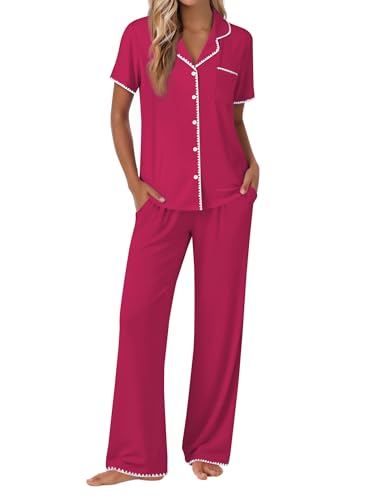 Image of Ekouaer Pajamas for Women Set Button Up Soft Pjs Short Sleeve 2 Piece Lounge Sets Comfy Sleepwear