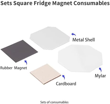 Square Refrigerator Magnet Maker Supplies | 500/1000 Sets for DIY Sticker Making | Includes Clear Film, Metal Shell, Strong Magnet, Cardboard & Acrylic
