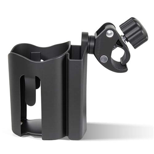 Stroller Cup Holder Water Bottle Holder with Phone Slot Adjustable & Secure Drink Caddy for Strollers Bikes Wheelchairs Golf Carts Motorcycles (Black)