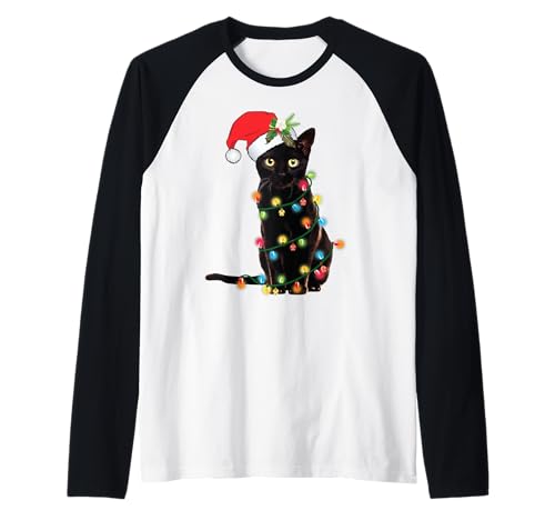 Santa Black Cat Tangled Up In Christmas Tree Lights Maglia con Maniche Raglan
