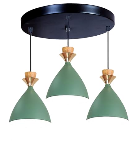 Image of Triple Dome Green Aluminium Hanging Pendant Light - Modern Antique Ceiling Lamp, Adjustable Drop, E-27 Holder, Bulb is not Included. 3 Light Cluster Set