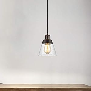 Rustic glass pendant light with handblown clear seeded glass shade one light adjustable industrial cone mini pendant lighting fixture for kitchen island cafe bar farmhouse oil rubbed bronze  urban country home decor