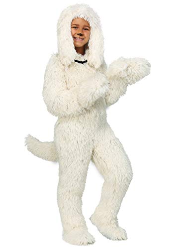 Fun Costumes Shaggy Sheep Dog Halloween Costume for Kids - Jumpsuit with Hood, Ears, Paws, Tail, Shoe Covers - White, Medium