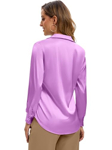 Image of Premium Soft Breathable Stretch Satin Silk Button Down Shirts for Women Long Sleeve Leopard Blouses Work Dress Tops