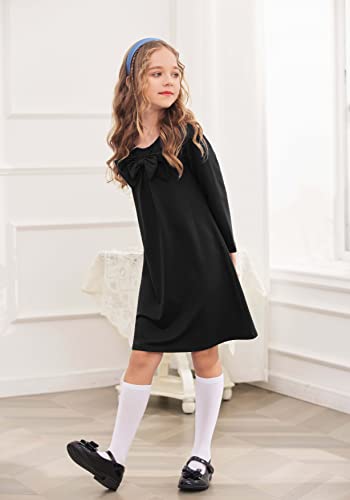 Arshiner T-Shirt Fall Dress For Girls Long Sleeve Casual Solid Color Midi Dress With Bowknot Black Size 5 #TOP2