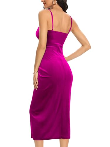 Image of Missufe Women's Sleeveless Spaghetti Strap Wrap V Neck Bodycon Ruched Slit Midi Party Cocktail Velvet Dress