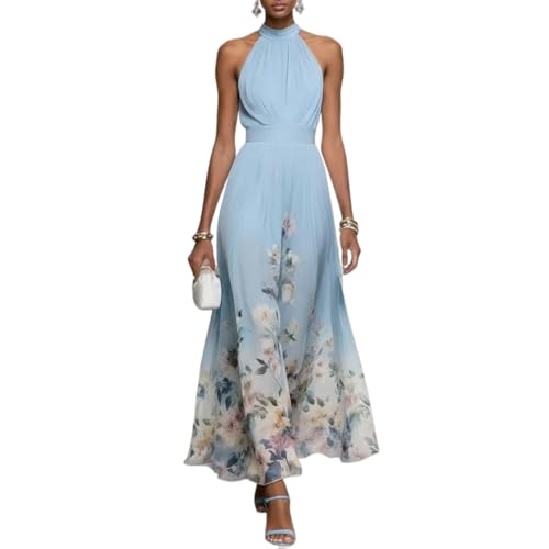 Women's Floral Chiffon Halter Maxi Dress Sleeveless V Neck Belted a Line Pleated Vacation Wedding Guest (Medium,Blue Flowers-2)