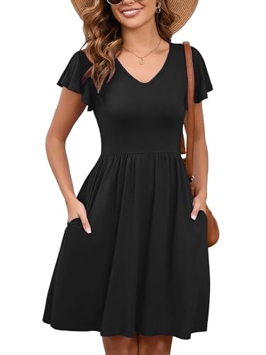 Image of Heymoments Women's Ruffle Sleeve V Neck Swing Sundress Summer Casual A-Line Midi Dress with Pockets S-2XL