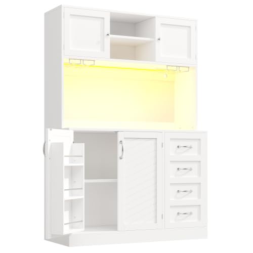 vutizal Szafka bufetowa z oświetleniem LED – 4 drzwi, 2 szuflady, regał na przekąski i szafka kuchenna z płyty MDF, 120 x 40 x 188 cm, biała konstrukcja z blatem roboczym