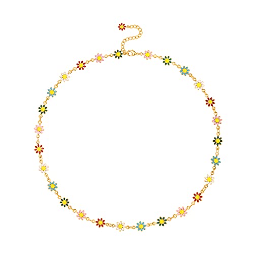 Aobei Pearl Cute Colorful Daisy Flower Necklace 18K Gold Chain Choker Bohemian Enamel Sunflower Neck Jewelry for Women Girls 16”