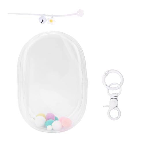 Display Bag for Dolls, PVC Waterproof Clear Figure Display Case with Keychain, Pompoms & Silicone Rope Bell Carrying Protective Bag Charm for Dolls Collectibles (White)