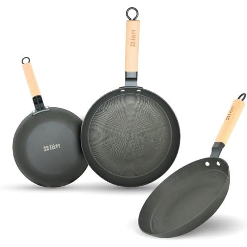 lätt Home Set de Poêles en Fonte Antiadhésives – Compatibles Induction, Gaz, Vitrocéramique, Électrique, Four et Lave-vaisselle – Manche Amovible en Bois Clair – Lot 3 Poêles 20-24-28 cm