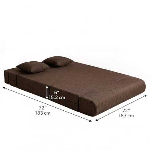 Image of Foldable Four Seater Sofa Bed 6 X 6 Ft Jute Fabric Washable Cover Sofa Cum Bed with Cushions Convertible Sofa Bed for Home (Brown Color - Pre-Assembled)