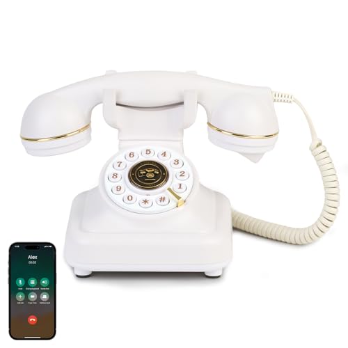 Vintage Bluetooth Phone, Retro Desk Telephone with Gold Accents, Loud Nostalgic Ringtones, Bluetooth Connects to Smartphone for Home & Office, White