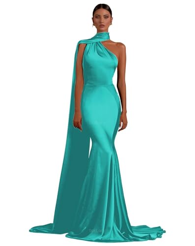 Mermaid Prom Dresses Scarf One Shoulder Bridesmaid Dress Long Satin Evening Party Gown with Train for Women ZX46