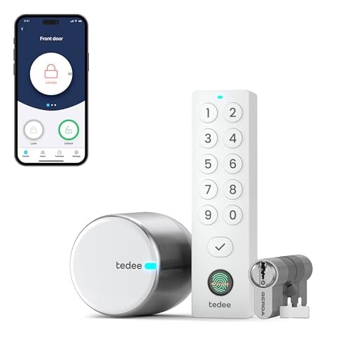 tedee GO2 Alu Cerradura Inteligente con Teclado biométrico de Huellas Dactilares y cilindro, Smart Lock con App y Bluetooth Convierte tu Smartphone en una Llave