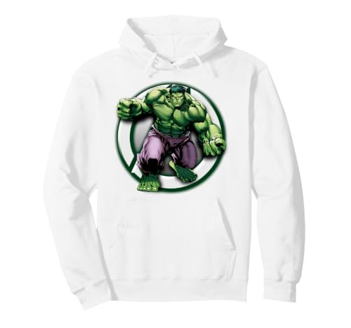 Image of Marvel Avengers Hulk Infront Of Green Avengers Logo Portrait Pullover Hoodie