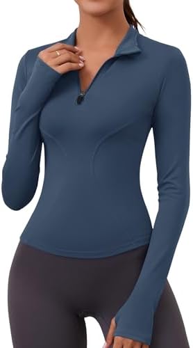 Rapbin T-Shirt Damen Langarm Sportshirt Gym Top Sport Oberteil Laufen Shirt Leicht Fitness Oberteil mit 1/4 Reißverschluss und Daumenloch