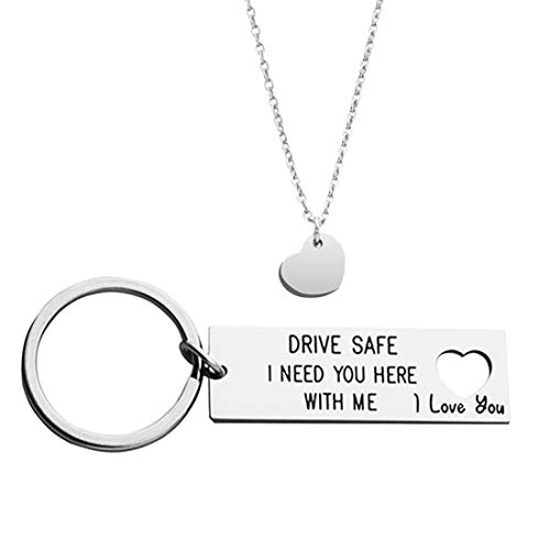 Ankiyabe Drive Safe Keychain Drive Safe I Need You Here with Me Keyring Boyfriend Gift Trucker Gift New Driver Keychain (Drive Safe I Need You Here with Me I Love You & Heart Necklace)