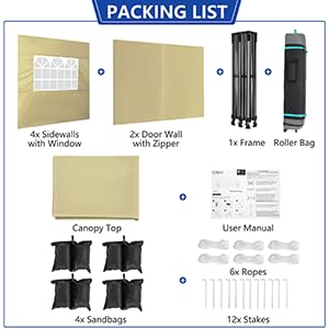 Image of COBIZI 10x20 Heavy Duty Pop Up Canopy Tent with 6 Sidewalls Thicken Frame, Commercial Easy Up Outdoor Wedding Party Tents, All Season Waterproof Windproof with Stakes Sandbags Ropes Roller Bag, Khaki