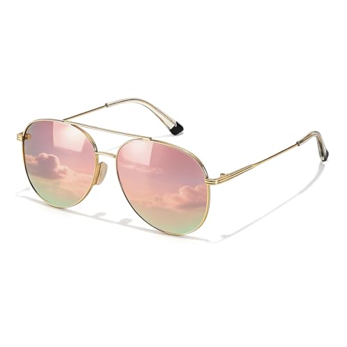 TJUTR Polarized Tangle Free Aviator Sunglasses for Women & Men, UV400 Protection Trendy Shades, No-Snag Metal Frame Glasses