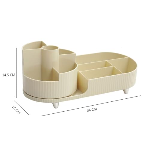 Image of ALOXE Makeup Organisers | 360 Rotating Brush Holder & Elegant Organizer Storage Box for Dressing Table, Skincare, Cosmetics & Accessories (Ivory)