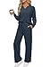 REORIA Damen V-Ausschnitt Jogginganzug Zweiteiler Trainingsanzug Hausanzug Sport Set Elegantes Outfit Lounge Set Marineblau L